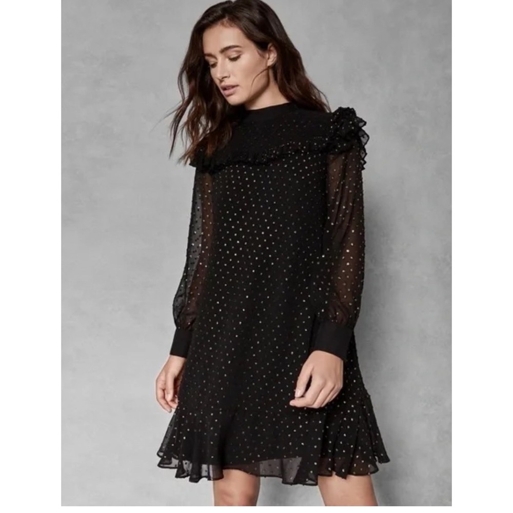 Ted Baker Rebekha Joyous Ruffle‎ Black Gold Metallic Dot Ruffle Dress 4
